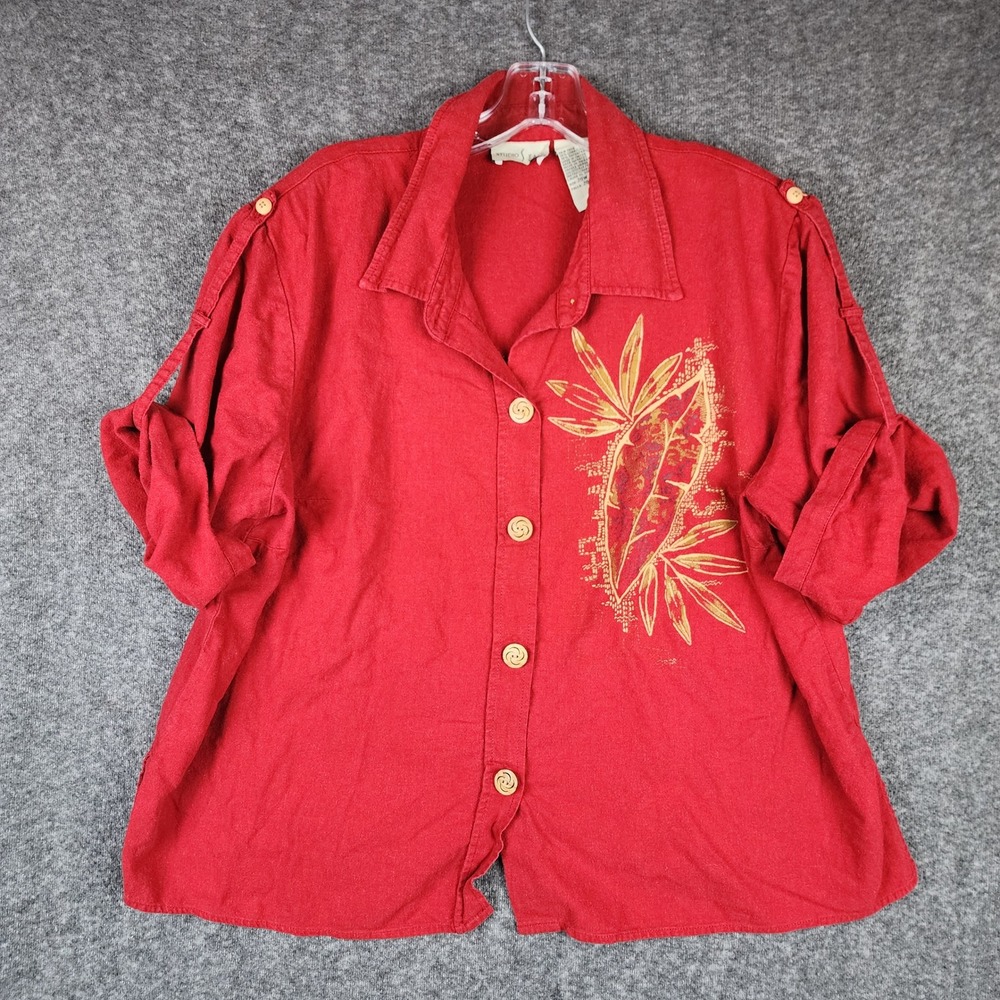 Studio Ease Woman Button Up Shirt Women 20W Red Linen Blend Tropical Graphic